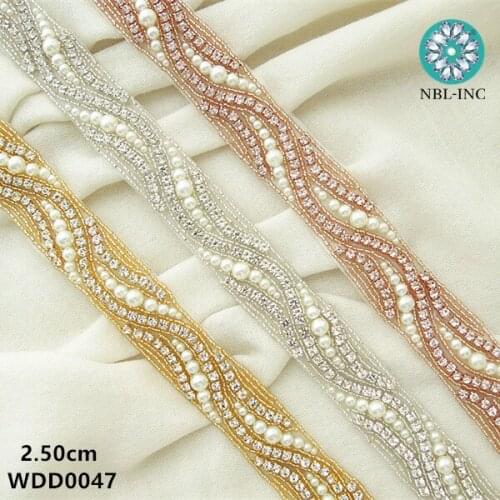 10 YARDS) Wholesale hand beaded sewing bridal rhinestone pearl applique trim iron on for wedding dress sash WDD0047