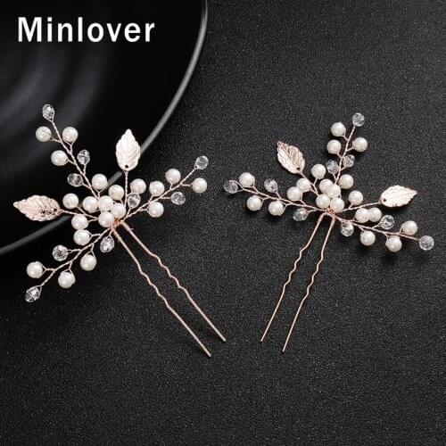Minlover 2pcs/lot Leaf Shape Hairpin with Pearls Handmade Bride Hair Pin Clip for Women Elegant Wedding Hair Accessories MTS078