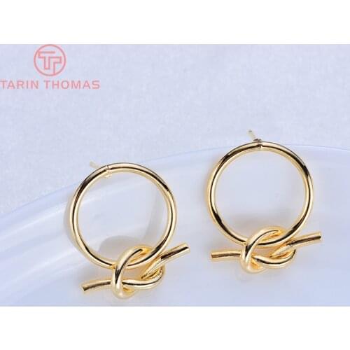 6PCS 18MM 24K Gold Color Plated Brass Round with Knot Stud Earrings High Quality DIY Jewelry Making Findings