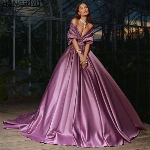 HONGFUYU Purple Ball Gown Satin Evening Dresses Sexy Deep V-Neck Formal Party Gowns Draped Long vestidos de noche Prom Dress New