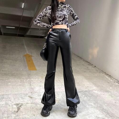 Sweetown Black Goth Faux Leather Flare Pants Women High Waisted Bottoms Dark Academia Aesthetic Vintage High Street Trousers Y2K
