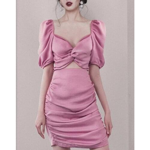 JSXDHK High Quality Fashion Summer Party Dress Women Sexy Hollow Out Waist Pink Puff Sleeve Bodycon Sheath Mini Dresses Vestidos