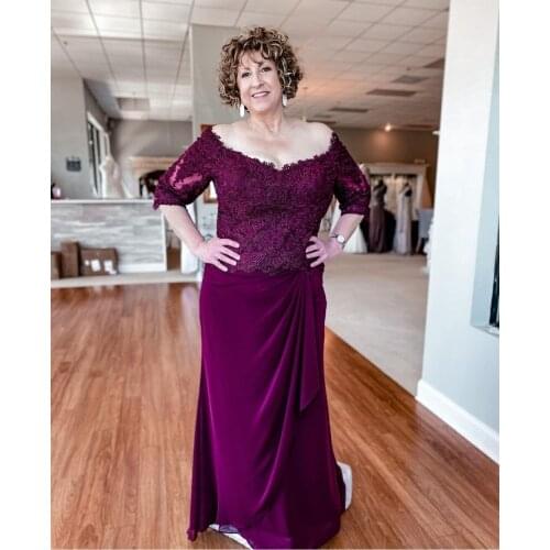 Long Sleeve Lace Mermaid Mother of the Bride Dresses Chiffon V-Neck Purple Wedding Party Dresses for Women