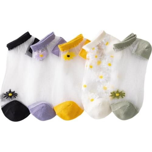 5 Pairs/bag Summer Women Socks Transparent Thin Crystal Glass Fiber Floral High Quality Ultra-thin Albeey Women Flower Lace Sock