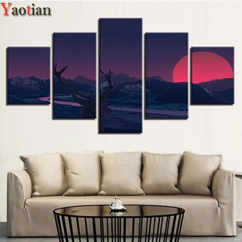 5 Pieces Mountain Elk Moon Night Scene Diamond Painting Full Square drill,DIY 5D Diamond Embroidery Needlework 3D Cross Stitch