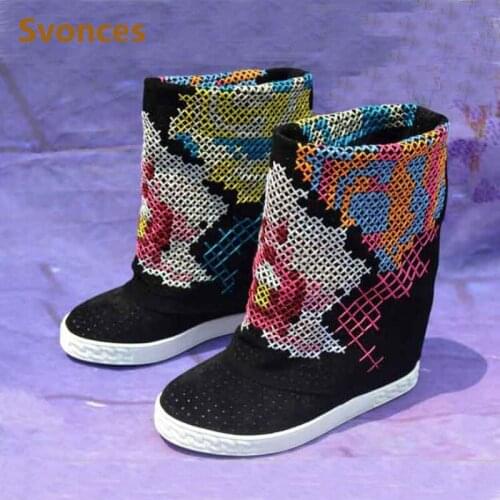 Newest Platform Height Increasing Casual Woman Boots Mixed Color Black Flock Leather Slip On Botas High Heels Wedge Shoes Women