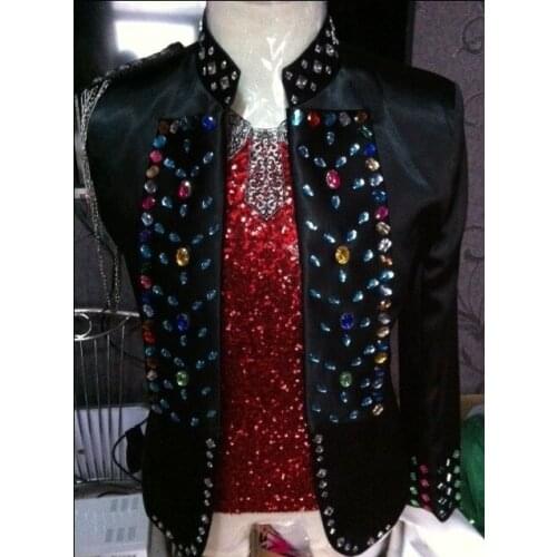 New style Male fashion black diamond inlaid slim suits Nightclub dj singer party show performance jacket