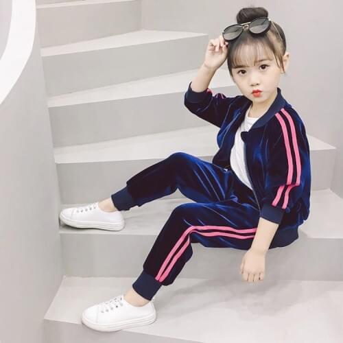 Girls Autumn Clothes Childrens Fashion Golden Velvet Striped Spliced Sports Suit Kids Spring Clothing Set 2 Pcs Tracksuit B239