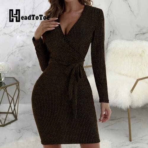 Solid Ribbed Glitter Sashes OL Elegant Dresses for Women Full Sleeve V Neck Above Knee Slim Elastic Dress Women