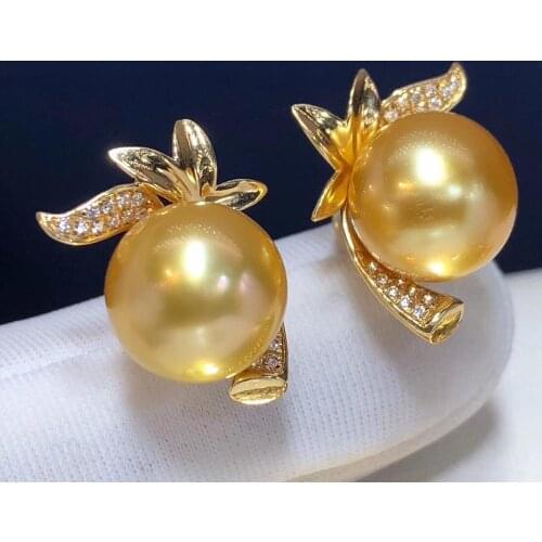 D203 Fine Jewelry Pure 18K Gold Natural South Ocean Sea Golden Pearl 11-10mm Stud Earrings for Women Fine Pearl Earrings
