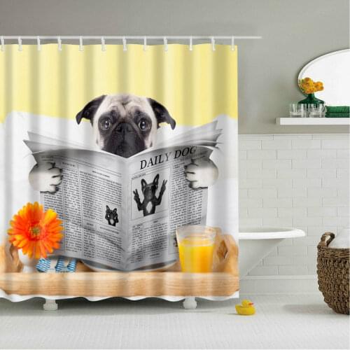 Shower Curtain Art Decor Set Pug Dog Looking Daily Dog Newspaper Bath Curtains Bathroom Curtain With Free Hooks