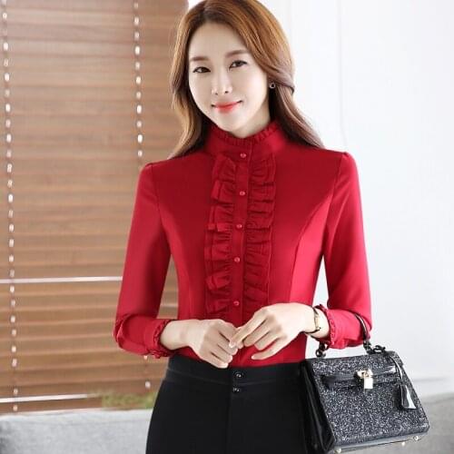 Big Size 4XL Women OL Shirt Luxury Autumn Long Sleeve Stand Collar Ruffles Blouse Tuxedo Frill Trim Office Shirt Ladies Tops