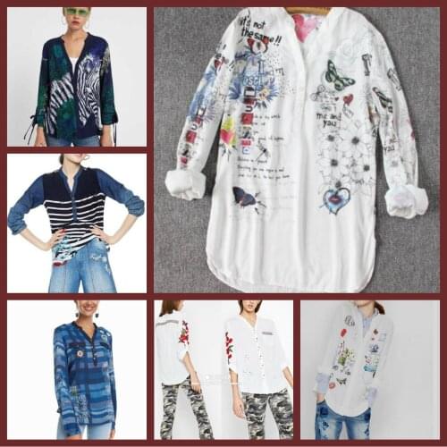 Spanish Desigual womens new shirt printed embroidery breathable top V neck chiffon dress fashion slim body show temperament
