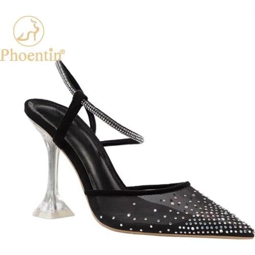Phoentin sexy mesh sandals women crystal dot clear high heels 5cm 7cm 9cm pointed toe Slingbacks narrow bands cross strap FT1124
