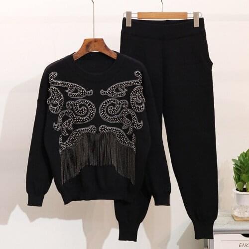 Spring Autumn New Women Fashion Beaded Tassel Long Sleeve knitted Sweater Tops + Casual Sweater Pants Two Piece Set Women H564