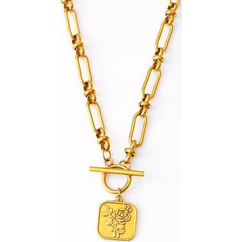 Rose Flower Medal Necklace Stainless Steel Toggle Necklace For Women Metal Medalla Kette Choker Collier Womens Neck Chain