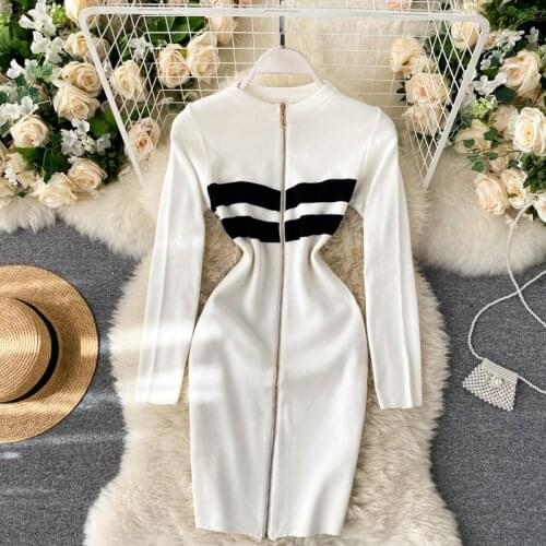 Striped Knit Zipper Front Mini Bodycon Sweater Dress Women Vintage Slim Fit Sheath Long Sleeve Sexy Party Dress Elegant 2020