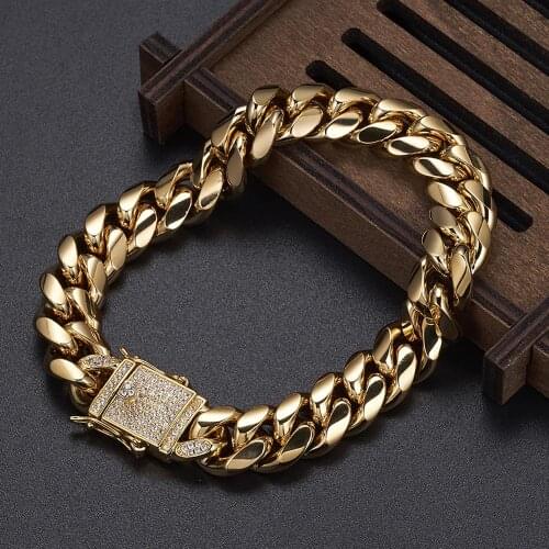 12mm Charming Metal Stainless Steel Gold Tone Miami Curb Cuban Chain Bracelet Wristband Mens Womens Jewelry 7-11inch