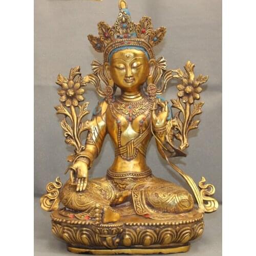 20" Tibet Tibetan Buddhism Bronze Gilt Seat Green Tara Goddess Buddha Statue 50 cm