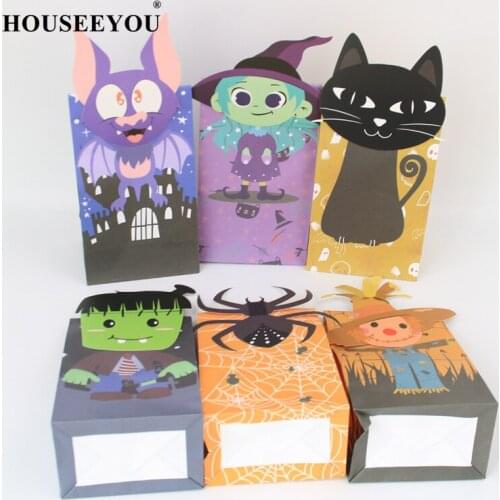 6PCS New Arrival Halloween Cat Spider Monster Paper Food Box Candy Gift Bag with 3D Card Party Decoration