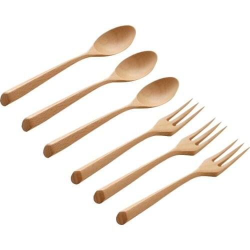 6pcs Creative Natural Wooden Dinner Spoon Fork Japanese Tableware Set Wood Dinnerware set Kid Serving Fruit Salad Fork Teaspoon