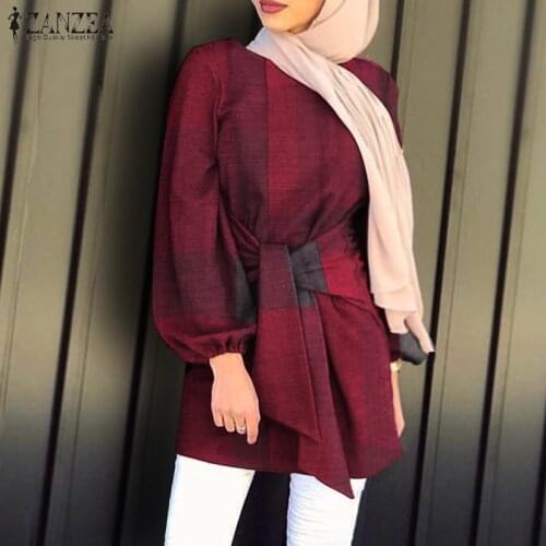 Muslim Fashion ZANZEA Asymmetrical Women Blouse 2021 Spring Ladies Plaid Lace Up Blouse Casual O-neck Loose Kanftan Blusas 5XL