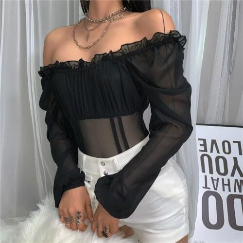 Sexy Chiffon Lace Patchwork Ruffle Off Shoulder Bodysuit Women Summer Solid Color Streetwear Bottom Shirt Female Fashion Tops