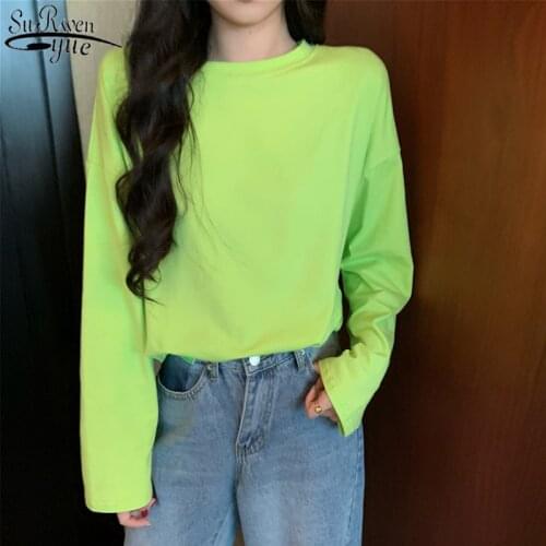 Autumn Long Sleeve Womens T-shirts Solid O-neck Basic All-match Bottoming Shirts Cotton Loose T-shirt Korean Top Female 11538