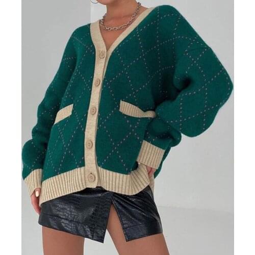 Women Vintage Argyle Knitted Cardigan V-neck Long Sleeve Single Breasted Pockets Oversized Sweater Casual Female Knitwear Autumn