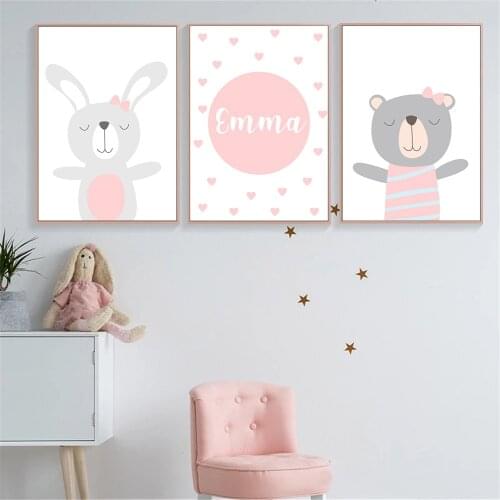 Cartoon Rabbit Bear Wall Painting Pink Heart Custom Name Poster Nursery Canvas Print Nordic Wall Art Pictures Girls Room Decor