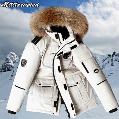 -30 Degree Winter Down Jacket Men White Duck Down Parkas Coat Mid-length Large Fur Collar Down Thicken Coat Snow Overcoat M-3XL