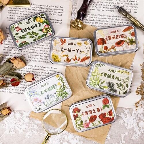 60pcs Iron Box Stickers Vintage Plants Flowers DIY Scrapbooking Hand Account Notebook Journal Decoration Office Stationery