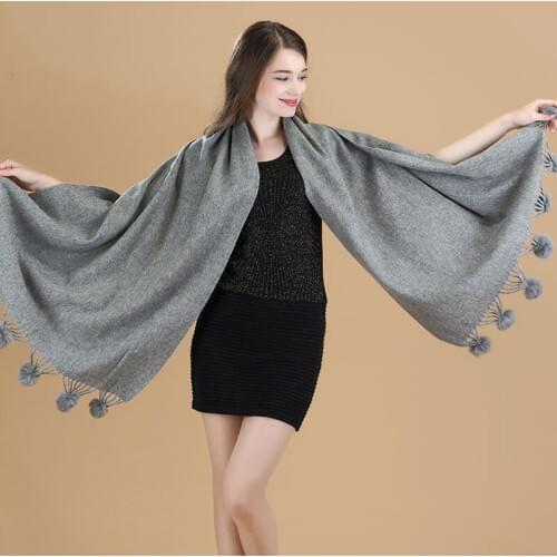 New Arrival Solid Gray Womens 100% Wool Rabbit Fur Balls Pashmina With Fine Tassel Thick Long Shawl Scarf Warm 112804