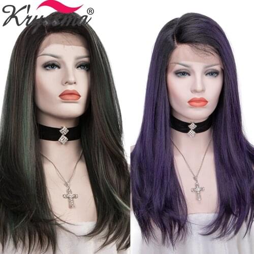 Kryssma L Part Lace Front Wig Green Grey Purple Synthetic Wigs For Women Ombre Highlight Long Straight High Temperature Fiber
