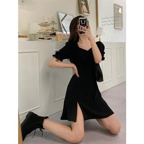 Black French Dress for Women 2021 Sexy Puff Sleeve Office Lady Korean Style Summer Vestidos bodycon Long Dresses Robe Femme J5O