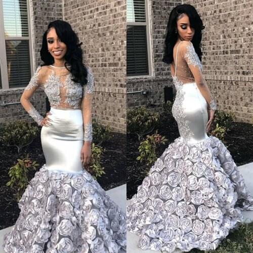 African Luxury Mermaid Evening Dresses 2019 Sexy Sheer Robe de Soiree Long Evening Party Dress Silver Flowers Full Sleeves