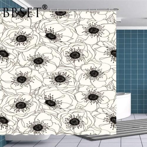 Hand Drawing Shower Curtain Black and White Flowers Pattern Waterproof Multi-size Douchegordijn Bathroom Decor with 12 Hooks
