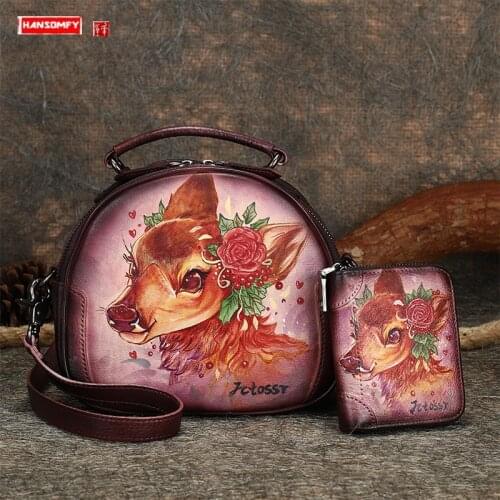 Women bag Original hand-painted deer first layer cowhide handbags retro shoulder bag + wallet female