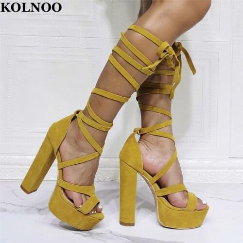 Kolnoo Large Size US5-US15 Womens Chunky Heels Sandals Cross Ankle Wraps Open-Toe Summer Evening Party Real Photos Fashion Shoes