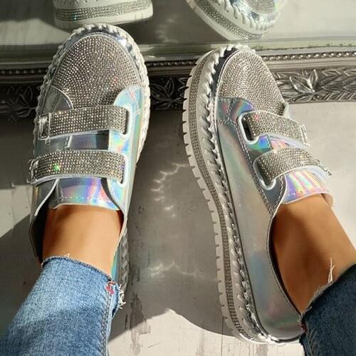 Comemore Women Rhinestone Casual Daily Magic Tape Sneakers Thick Botton Lazy Ladies Shoes Rhinestones Female Flat 2020 New