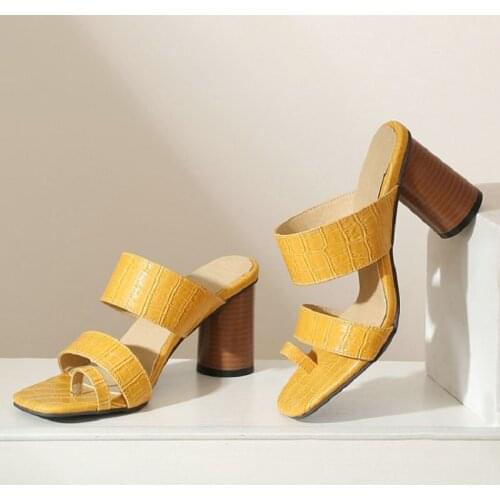 ZawsThia 2020 summer yellow black silver round high heels woman slippers open toe flip flops womens slides mules slip-on shoes