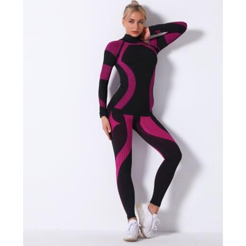 Women Seamless Striped Long Sleeve Yoga Set 2 Piece Sports Pants Sportswear Tracksuit Gym Fitness Leggings Costume Jogging Suit