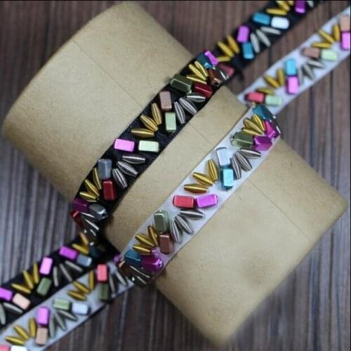 2yd New Handmade Beaded DIY Black White Ribbon Colored Beads Embroidered Lace Trim Lace Applique Sewing Collar Clothes Decorated