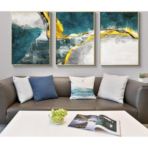 3Pcs Modern Abstract Green Golden Canvas Art Fashion Blue Posters and Prints Wall Pictures for Living Room Stylish Cuadro Decor