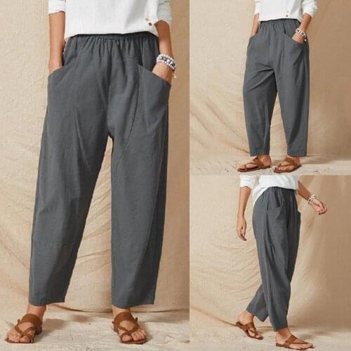 Loose Cotton Linen Pant Women Soft Harem Pants Breathable Comfy Slim Ankle Length Pants Korean Leisure Hallen gray Pants
