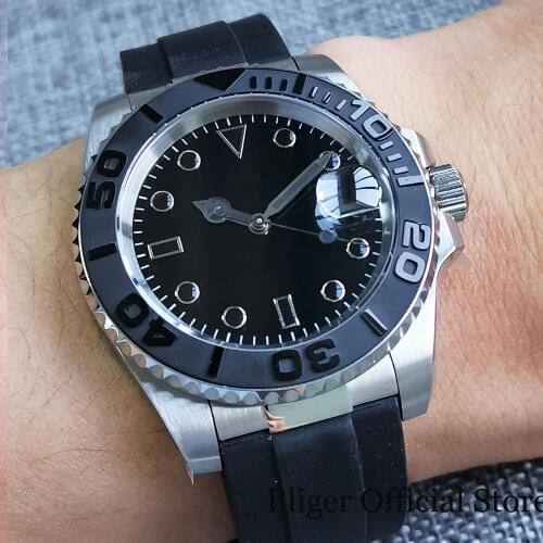 BLIGER Sterile Black 21 Jewels Japan MIYOTA 8215 40mm Automatic Men Watch Steel End Link Rubber Strap YM Brushed Insert
