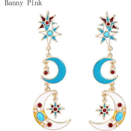 Elegant Alloy Moon Star Pendant Studs Earrings For Women Cute Statement Long Post Earrings Fashion Jewelry Pendientes Bijoux