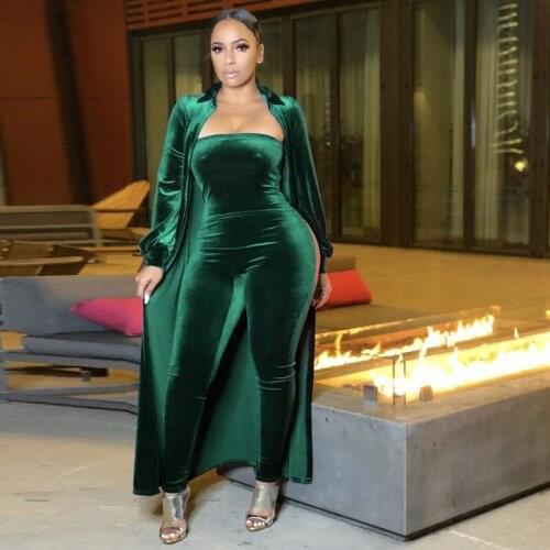 Elegant Velvet Two Piece Jumpsuit Set S-3XL Turn Down Collar Long Sleeve Cardigan Strapless Romper Autumn Outdoor Suit Sweatsuit