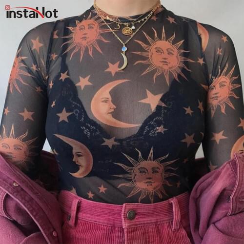 InstaHot Sun Moon Print Transparent T Shirts Women Sexy See Through Long Sleeve 2019 Spring Hot Selling Clothing Stars Tops Girl