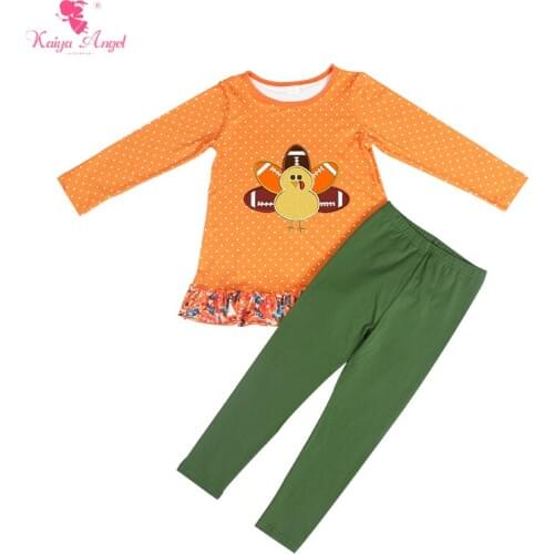 Kaiya Angel Kids Thanksgiving Days Boutique Outfits Orange Botton White Dots Top Green Trousers Turkey Holiday Baby Clothing Set